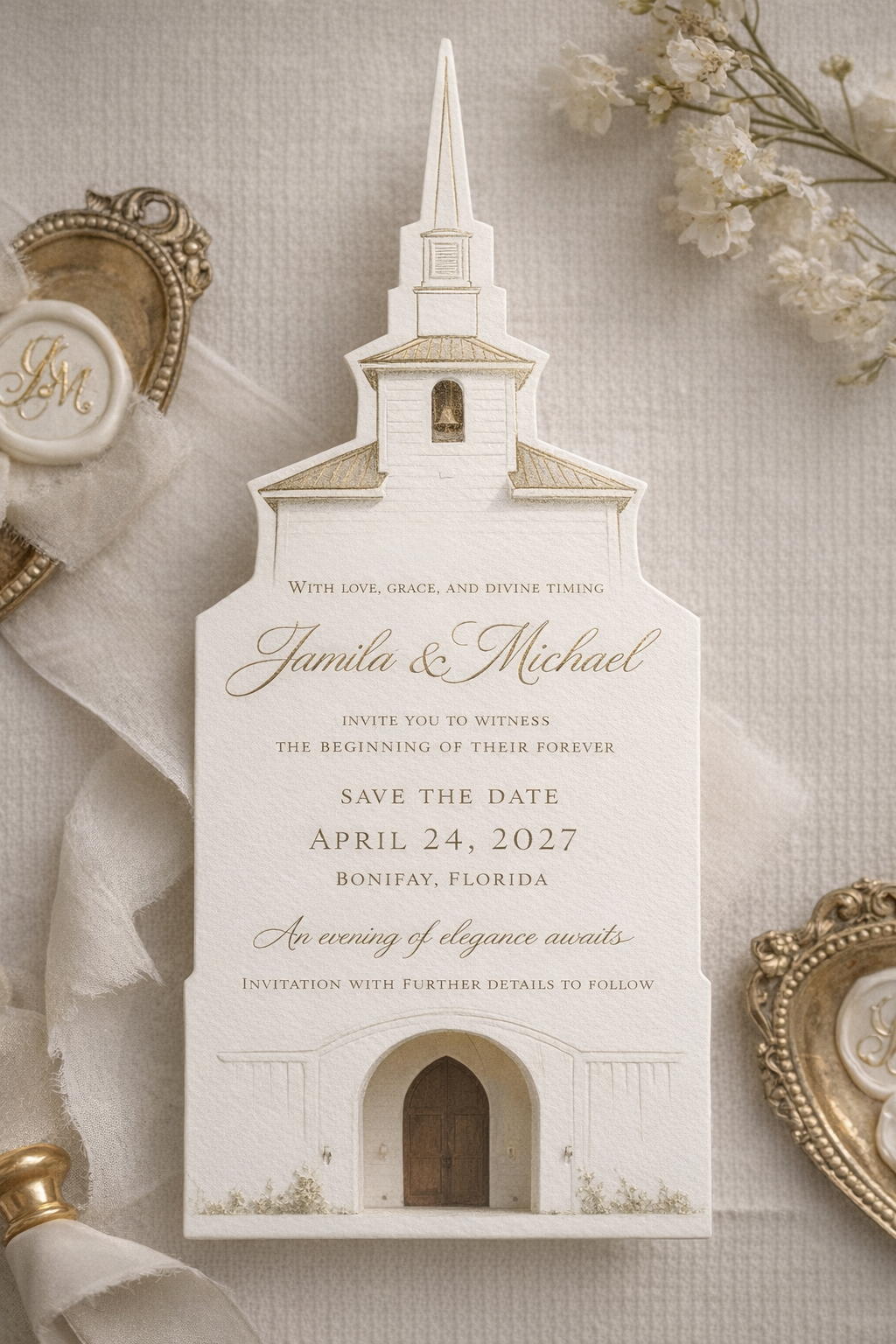 Save the date card for Jamila and Michael, April 24, 2027 in Bonifay, Florida.